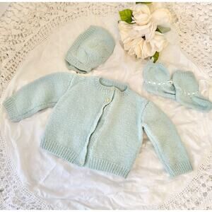 Vintage 50's 100% WOOL Blue Baby Cardigan sweater SET Hat & Booties 3-6 mo